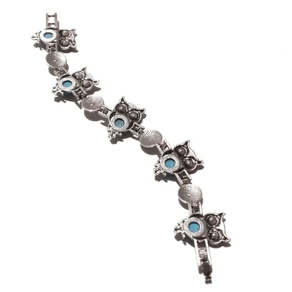 Vintage Silver Tone Owl Bracelet Faux Turquoise and Black Rhinestone - Picture 5 of 5